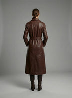 Handmade Brown Leather Trench Coat with Belt - Left