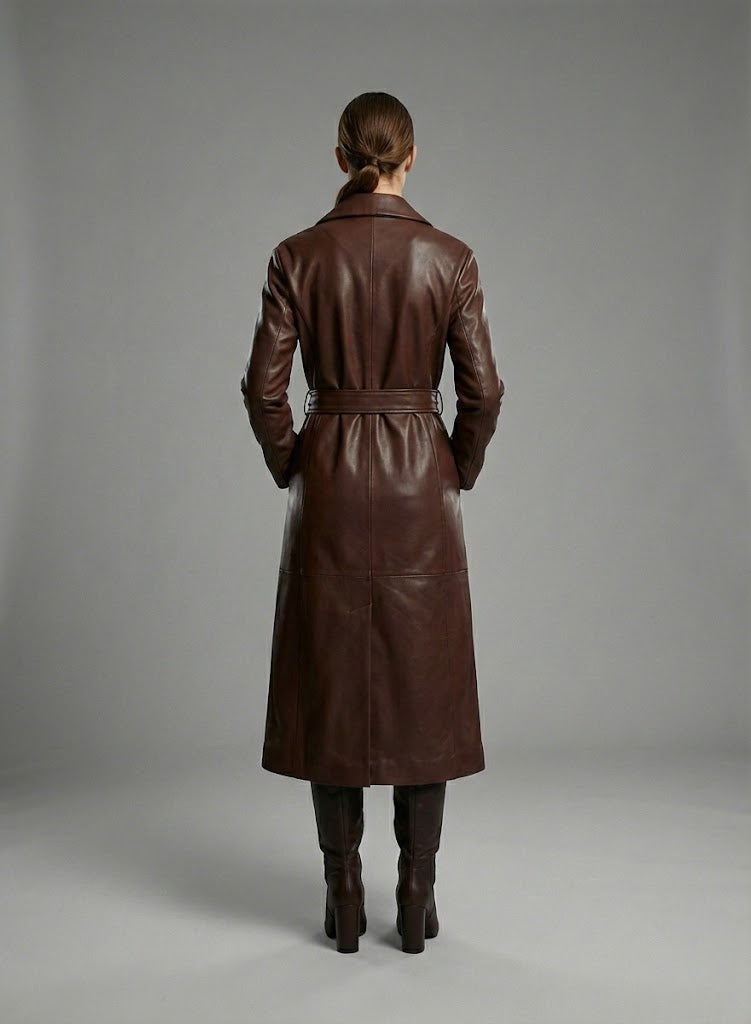 Handmade Brown Leather Trench Coat with Belt - Left