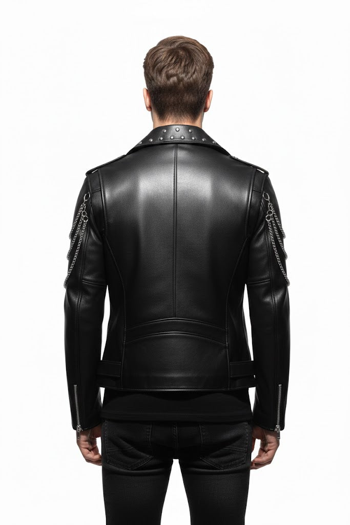 Black Leather Gothic Biker Jacket for Men - Left