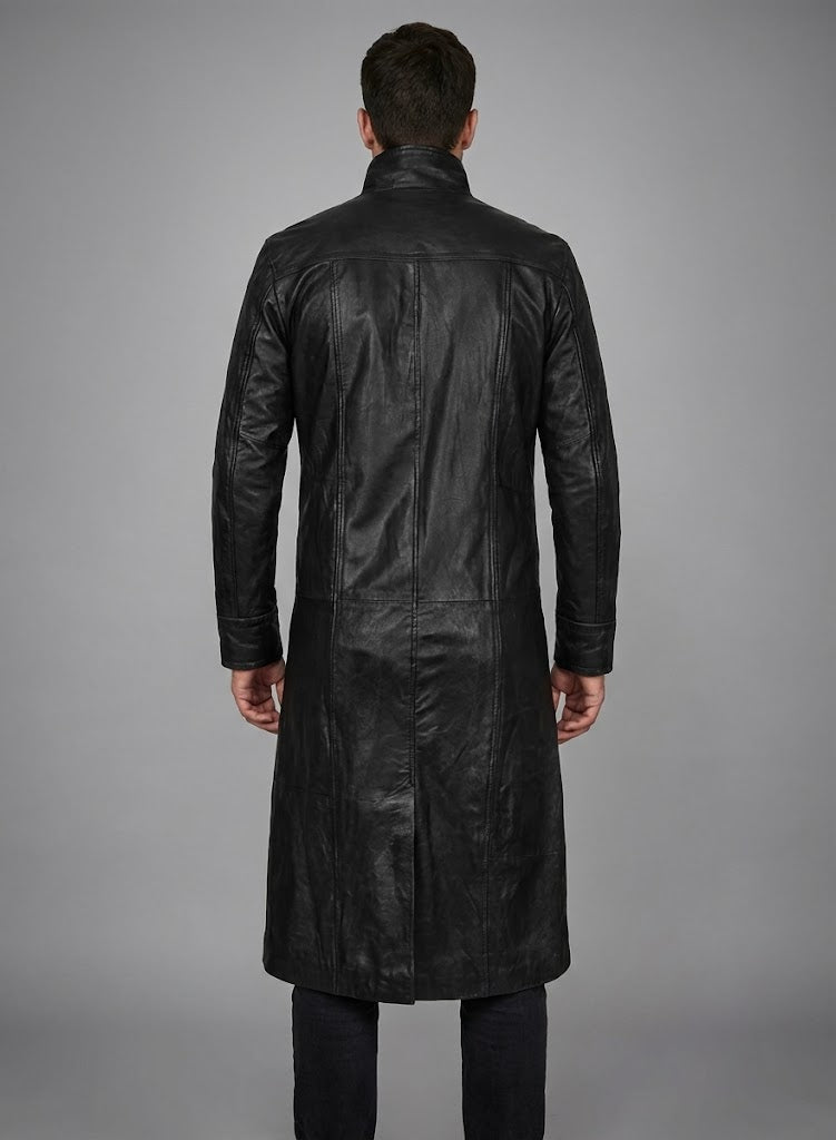 Men's Black Leather Trench Coat - Left