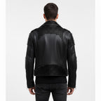 Men's Black Silver Studded Leather Biker Jacket - Left