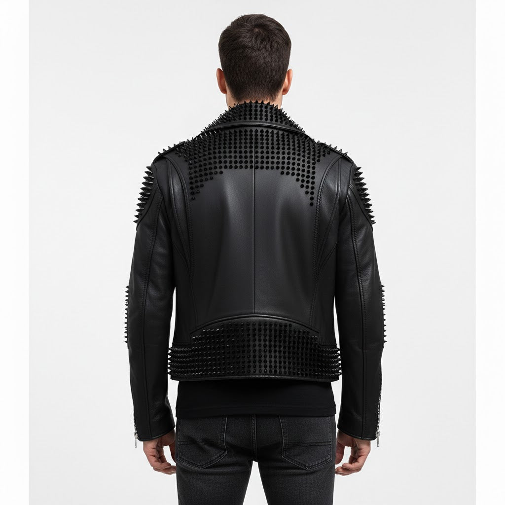 Men's Black Silver Studded Leather Biker Jacket - Left