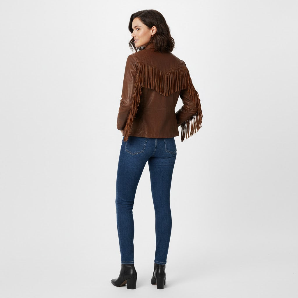 Brown Western Fringe Leather Jacket - Left