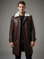 Men's Brown Washed Wax Leather Trench Coat - Front
