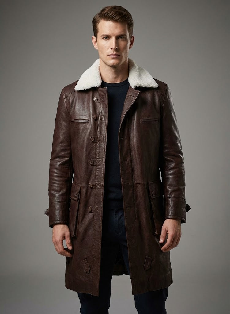 Men's Brown Washed Wax Leather Trench Coat - Front