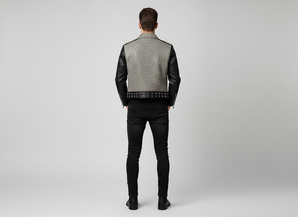 Men's Black and Grey Studded Leather Biker Jacket - Left