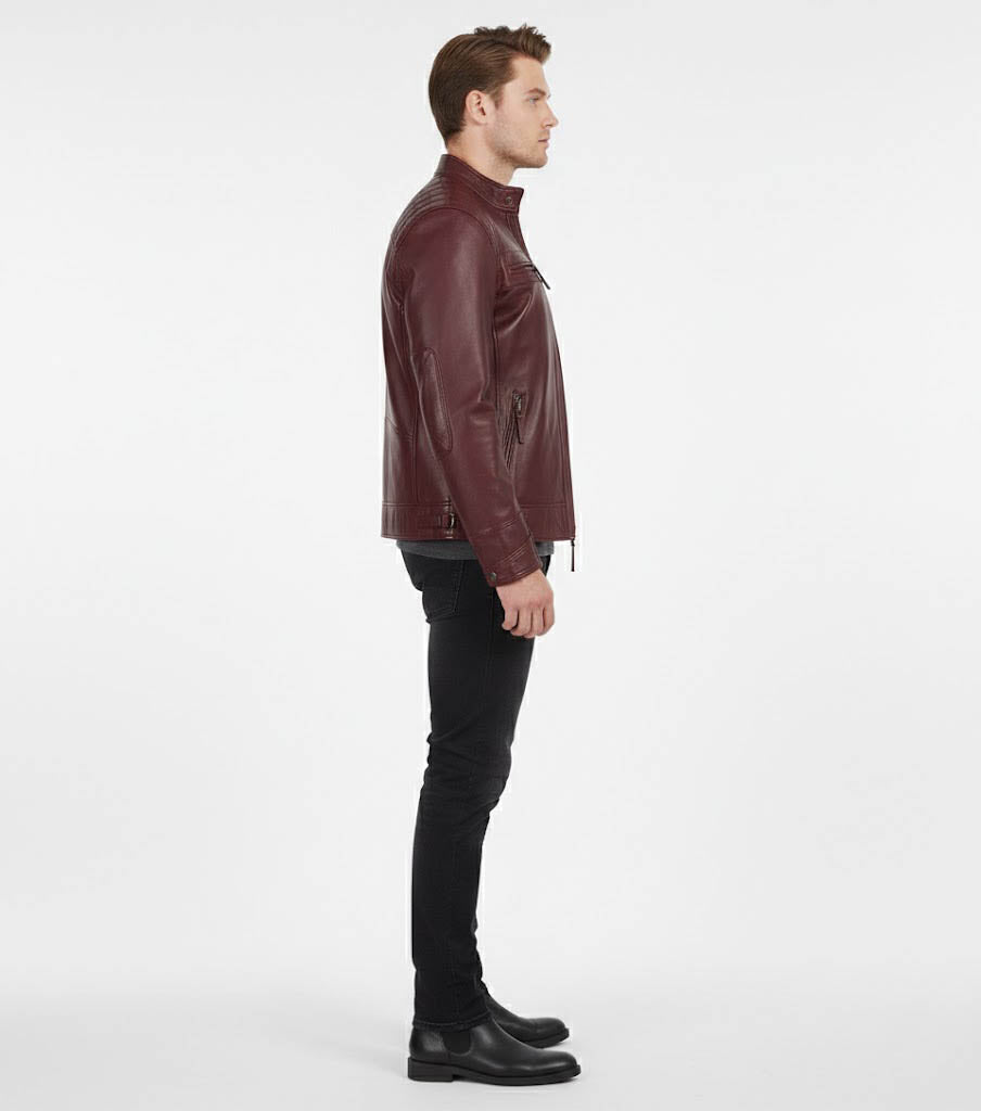 Maroon Cafe Racer Leather Jacket for Men - Left