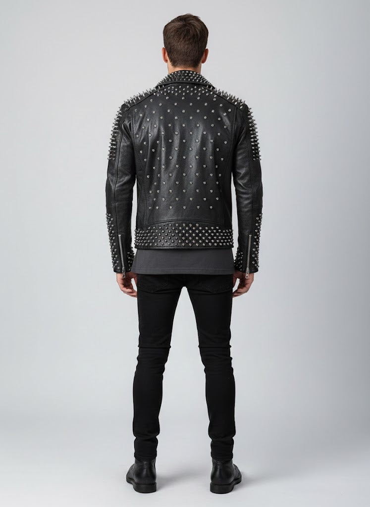 Men's Studded Punk Biker Leather Jacket - Left