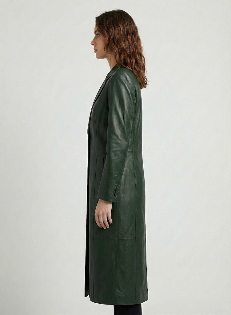 Green Long Leather Coat for Women - Left